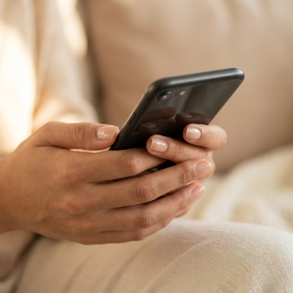 Mão de uma mulher segurando um smartphone